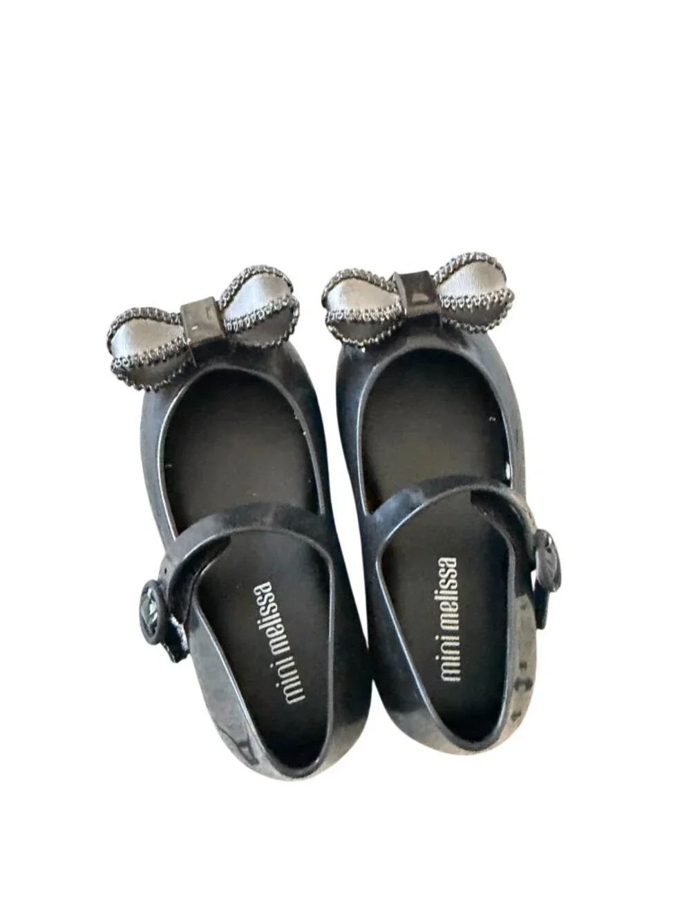MINI MELISSA Silver Black Bow Mary Janes Flats Size 8